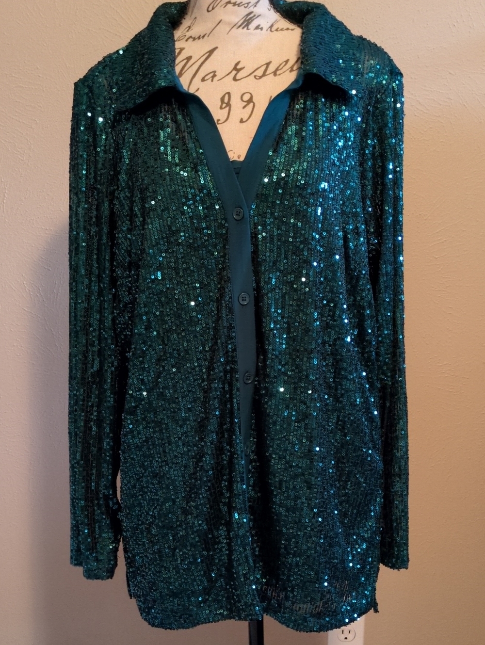 Three Piece Set Nina Leonard Green Sequin Button-Down Shirt Cami AndPants Medium